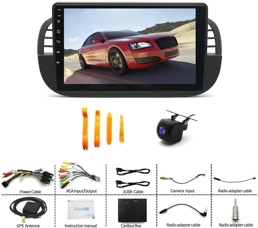 EWLSAC Android 12.0 Car Stereo Double Din with CarPlay and Android Auto Suitable for Fiat 500 2007-2015, 9 Inch Touchscreen in-Dash GPS Navigation with Bluetooth/FM Radio/RDS/WiFi/Mirror-Link(2+32G)