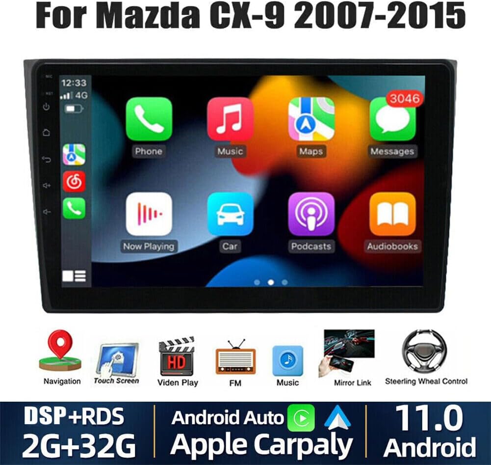 Android and iOS Car Stereo Radio, 10 Inch Carplay Rotatable Touch Screen Double Din GPS Navi, with Bluetooth/FM Radio/RDS/WiFi/Mirror-Link, Compatible for Mazda CX9 Bose 2007-2015 (1+16G)